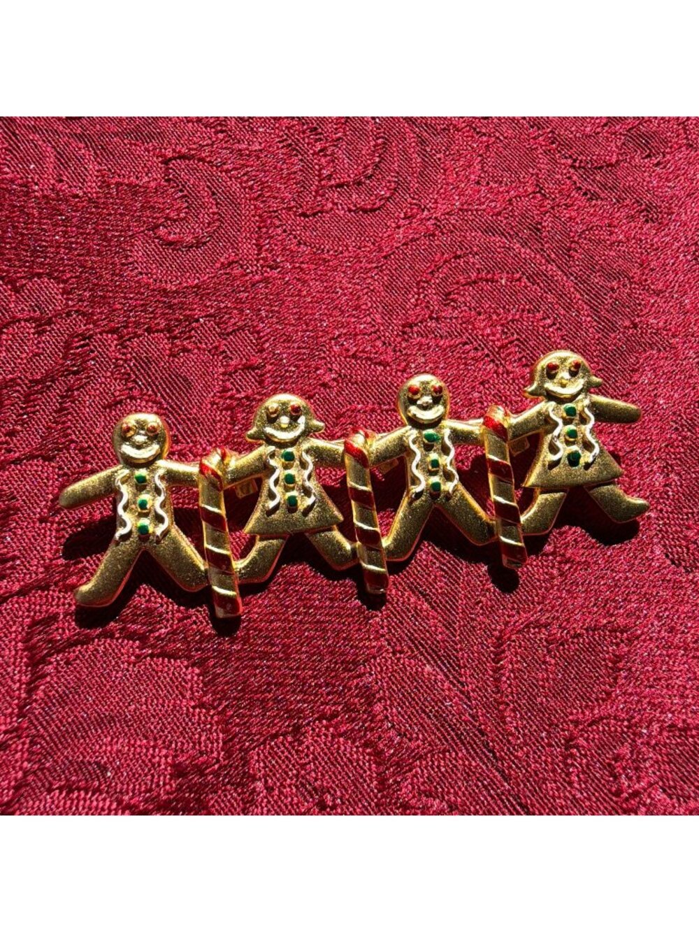 Vintage JJ Jonette Gingerbread Family Brooch Candy Cane Gold Tone Christmas Pin